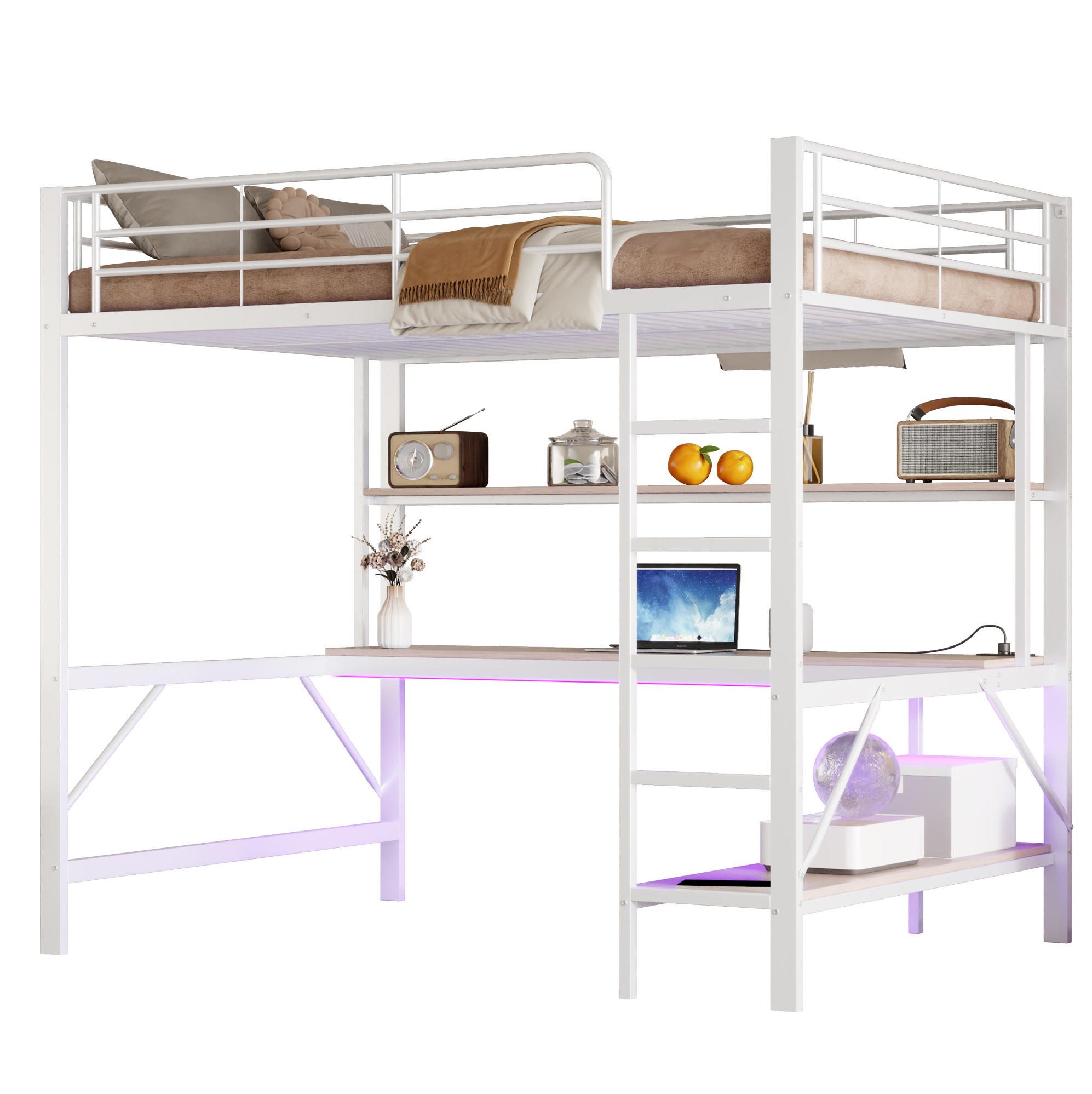 HOCHBETT 140/200 cm in Weiß mit Schreibtisch, Regal und USB/Steckdose - Weiß, Metall (140/200cm) - BEAOK