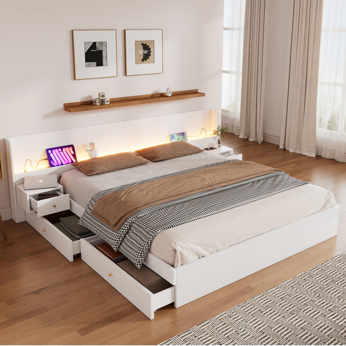 DOPPELBETT 180/200 cm Weiß mit LED-Beleuchtung und USB aus MDF mit Stauraum und Nachttischen - Weiß, Holzwerkstoff (180/200cm) - OKWISH