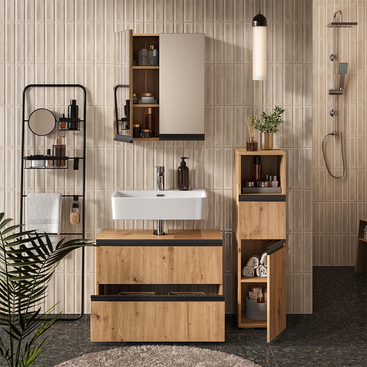 BADMÖBEL-SET Torren Artisan 3 Teile, mit Midischrank - Hellgrau, Holzwerkstoff (80/58/35cm) - Vicco