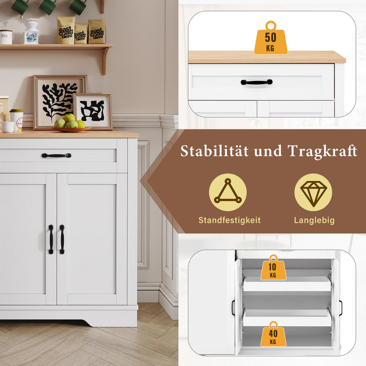 SIDEBOARD mit 3 Türen, Schublade und ausziehbaren Regalen, Weiß - Weiß, Holzwerkstoff (115/87/40cm)
