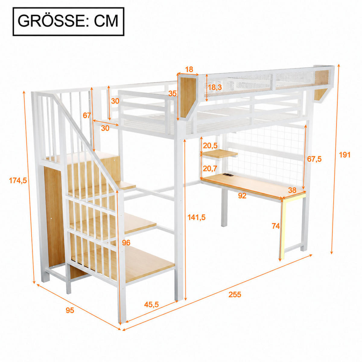 HOCHBETT 90/200 cm Weiß mit Schreibtisch, Stauraumtreppe, LED-Licht und Aufbewahrungsnetz - Weiß, Metall (90/200cm) - Oxeza