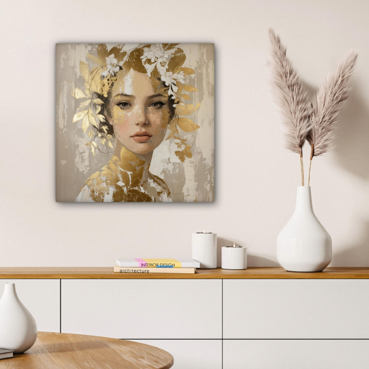 LEINWANDBILD Gesicht - Frau - Blätter - Gold Wandbild Wohnzimmer 50x50 cm - Beige, Textil (50/50cm) - MuchoWow