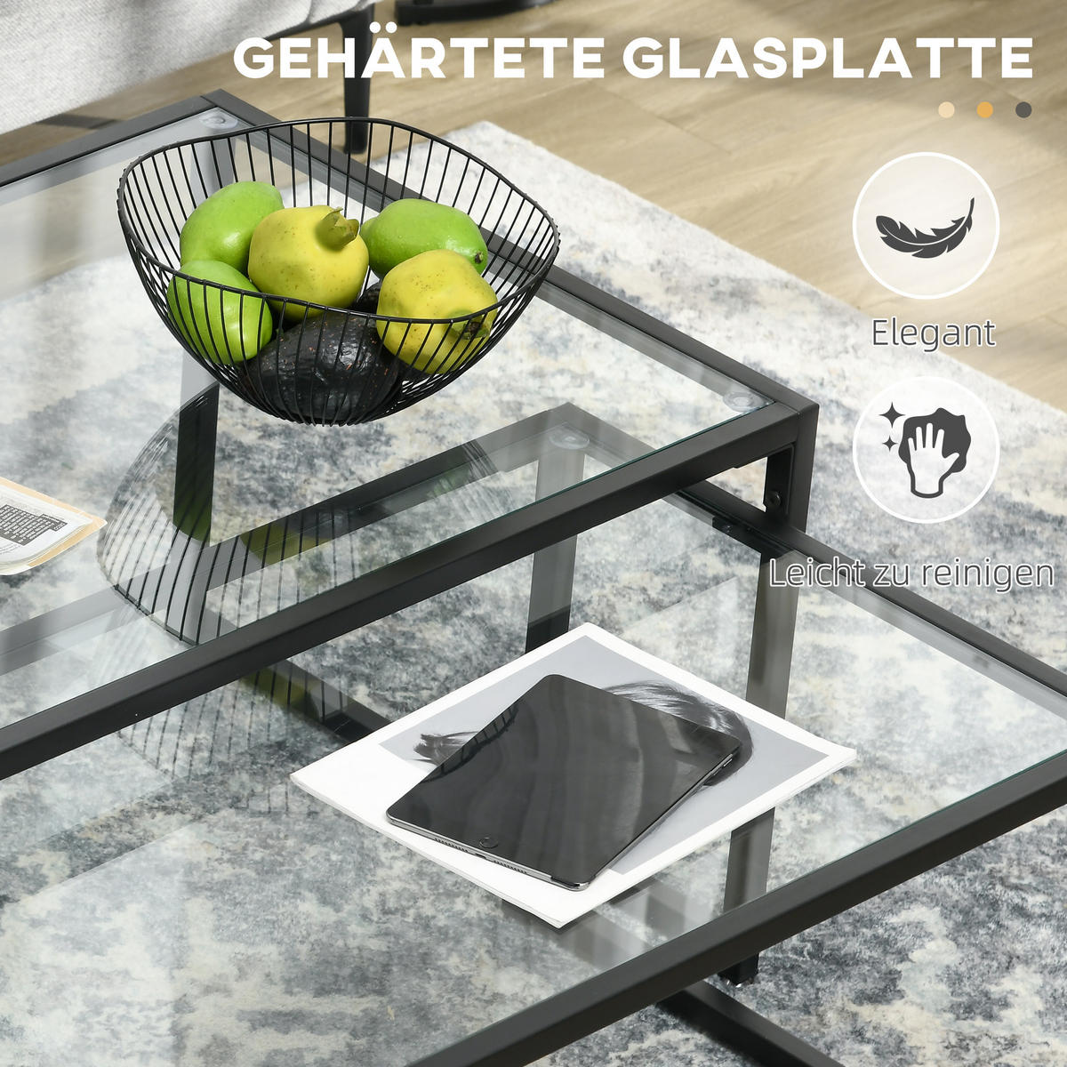 COUCHTISCH-SET, Glas, Stahl, Transparent - Transparent, Glas/Metall (119/56/44.5cm) - HOMCOM
