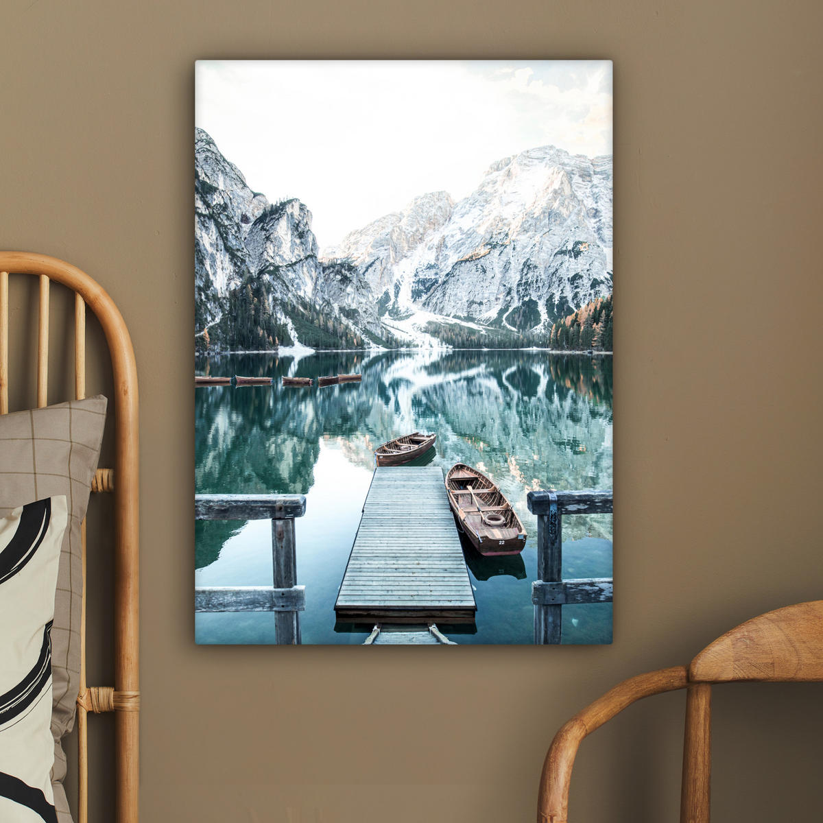 LEINWANDBILD Natur - Berge - Schnee - Wald - Boot 60x80 cm - Hellgrün, Textil (60/80cm) - MuchoWow