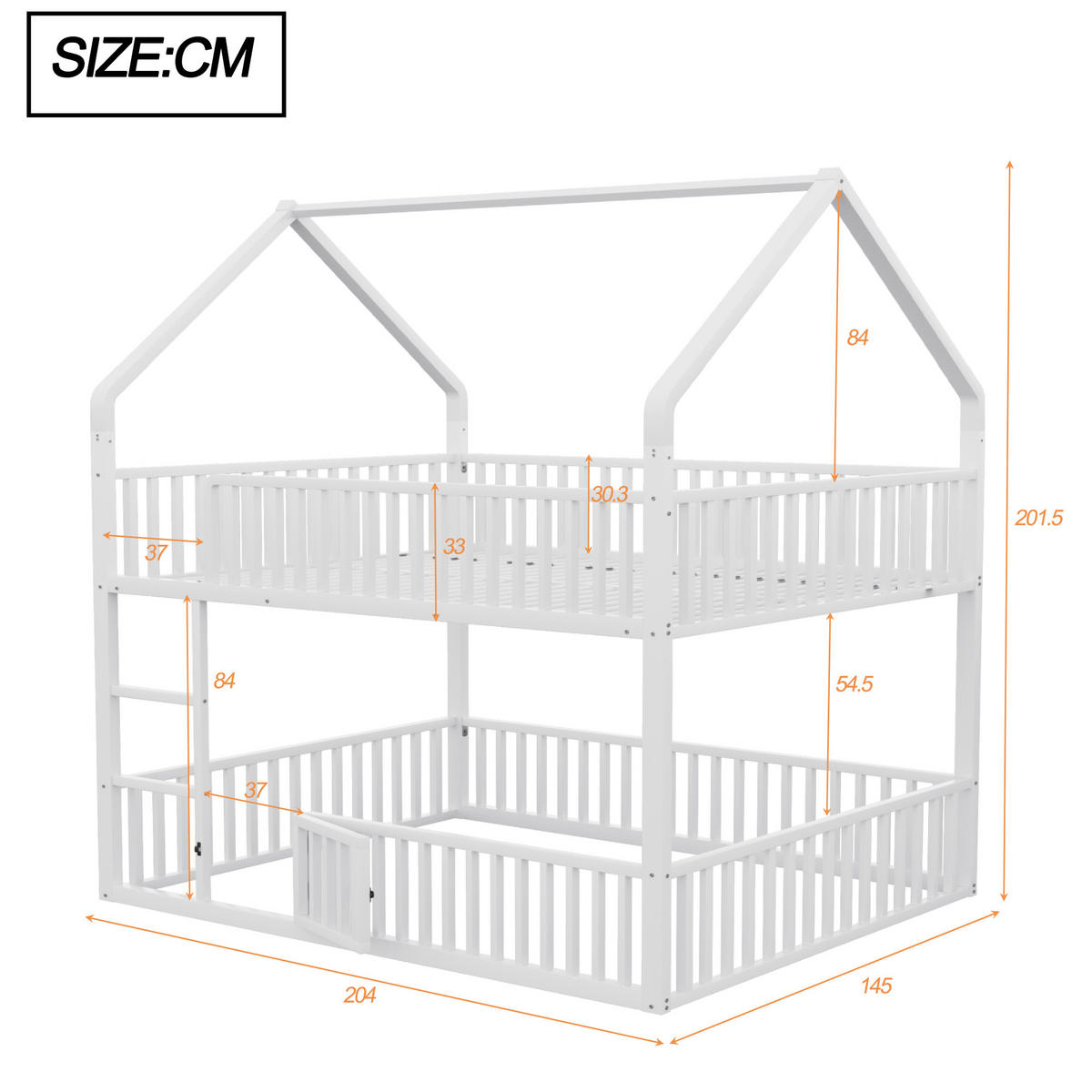 ETAGENBETT 140/200 cm Weiß aus Metall mit Haus-Design und Sicherheitsgeländern - Weiß, Metall (140/200cm) - OKWISH
