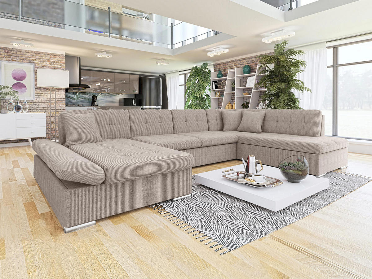 WOHNLANDSCHAFT Bergen Cord, Seite: Links - Silberfarben/Sahara, Holz/Textil (345/76/205cm) - MIRJAN24