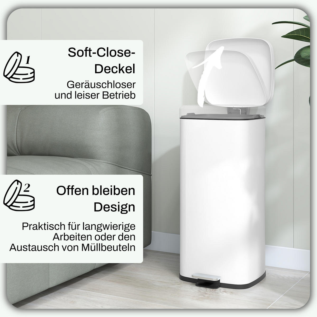 MÜLLEIMER 30L - Weiß, Metall (35/63.5/28cm) - HOMCOM