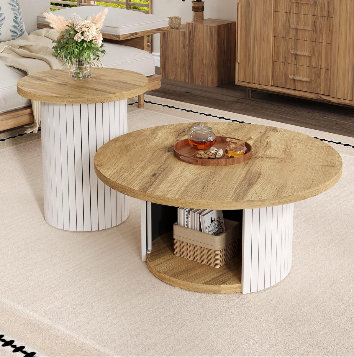 COUCHTISCH-SET aus MDF 75x75x50 + 45x45x35 cm Natur mit Ablagefächern - Naturfarben, Holzwerkstoff (75/75/35cm) - IVMEU