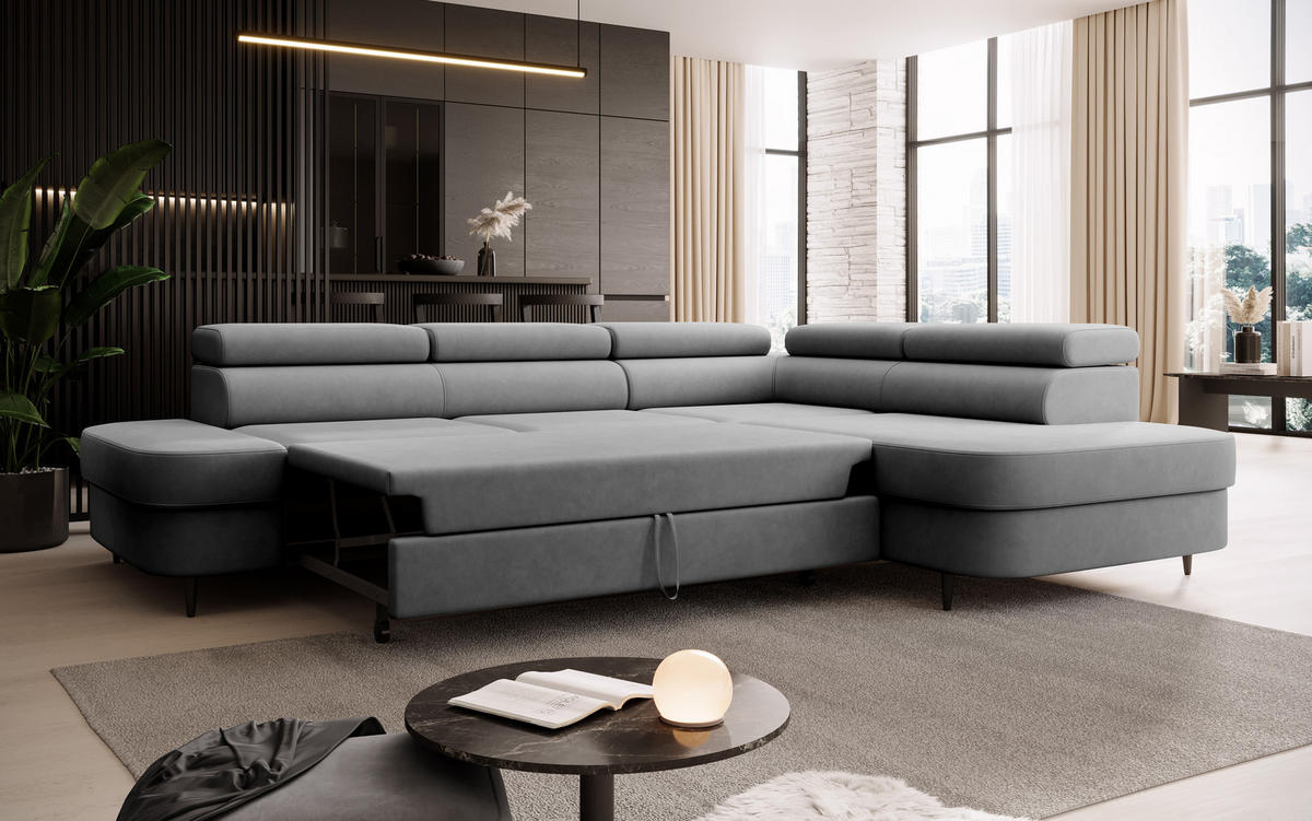 ECKSOFA Priam L-Form mit Schlaffunktion und Stauraum Modern Form Grau - Grau, Holz/Textil (275/203cm) - Muffo