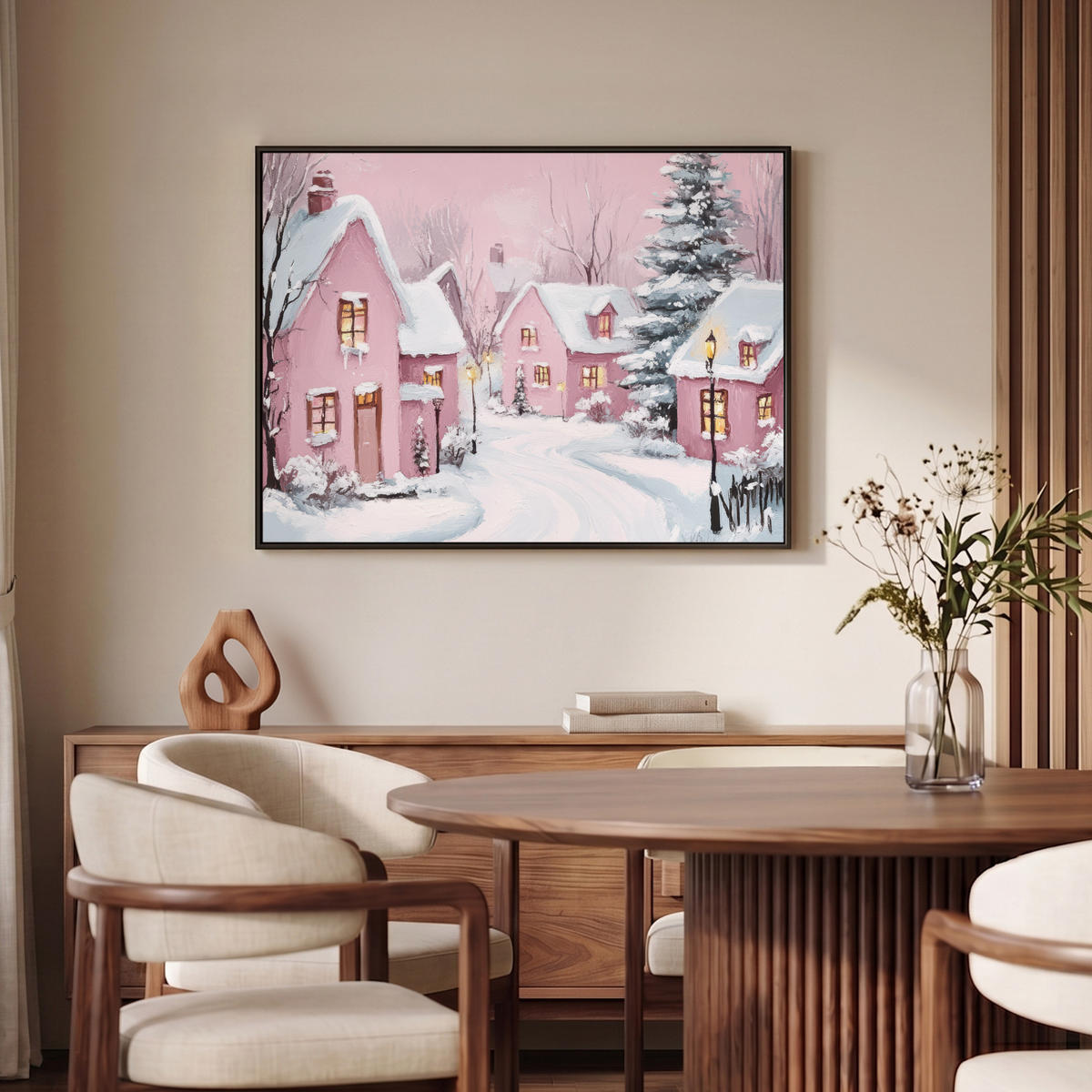 LEINWAND Bilder mit Rahmen - Weihnachtsdorf - Rosa - Winter - Schnee - Häuser - 100x70 - Altrosa, Textil (100/70cm) - MuchoWow