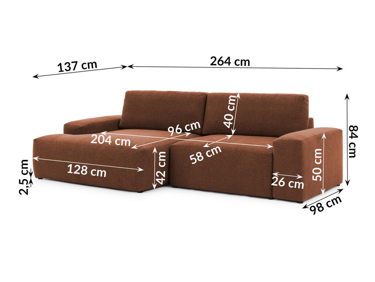 ECKSOFA Lennon aus Braun Strukturstoff mit Schlaffunktion und Bettkasten - Schwarz/Braun, Holz/Kunststoff (137/264cm) - S-Style