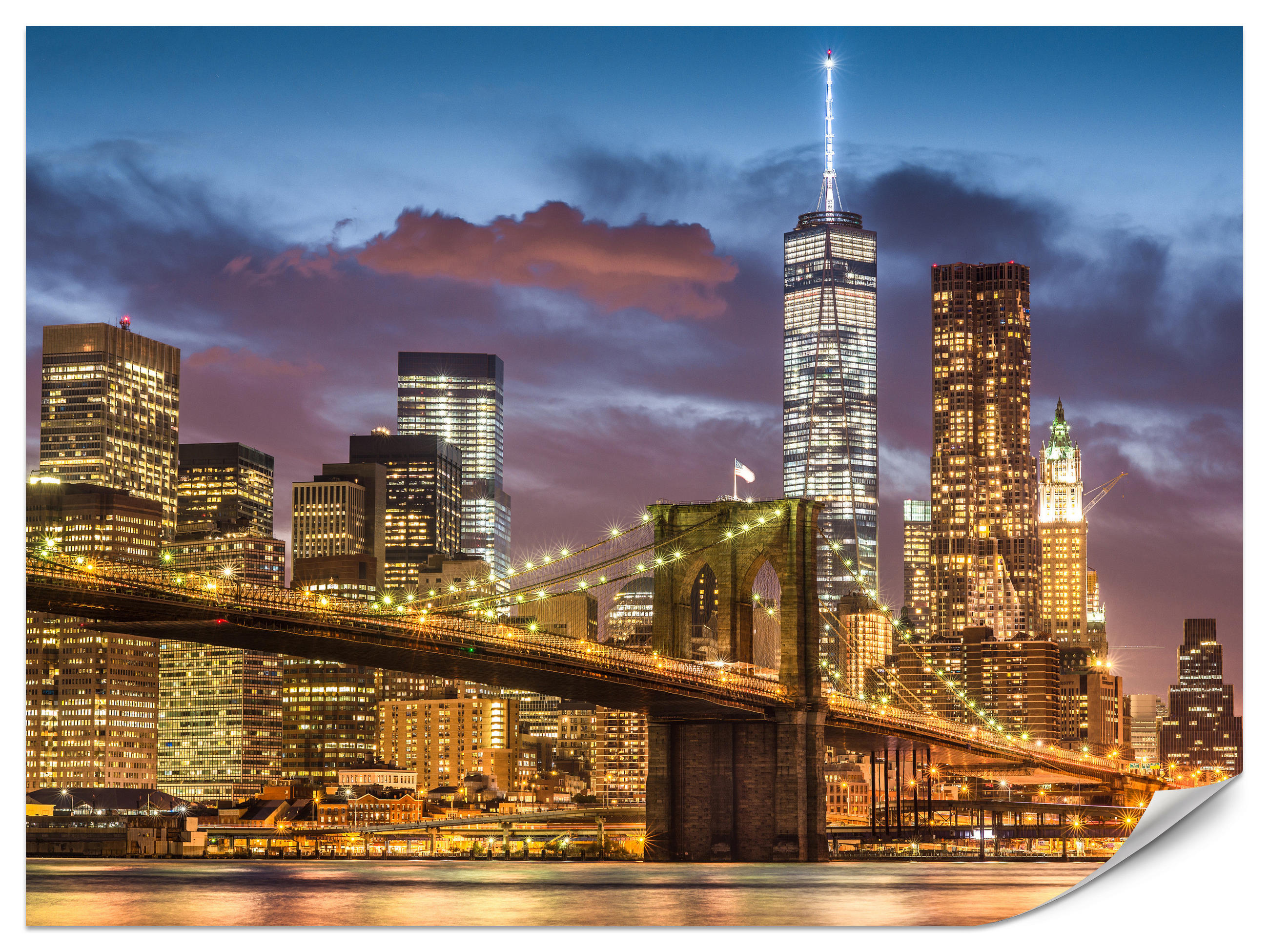 FOTOTAPETE für Wohnzimmer New York Nacht Brooklyn Bridge Wolkenkratzer 300x210 - Blau/Gelb, Papier (300/210cm) - Muralo