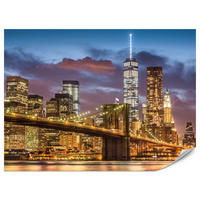 FOTOTAPETE für Wohnzimmer New York Nacht Brooklyn Bridge Wolkenkratzer 300x210 - Blau/Gelb, Papier (300/210cm) - Muralo