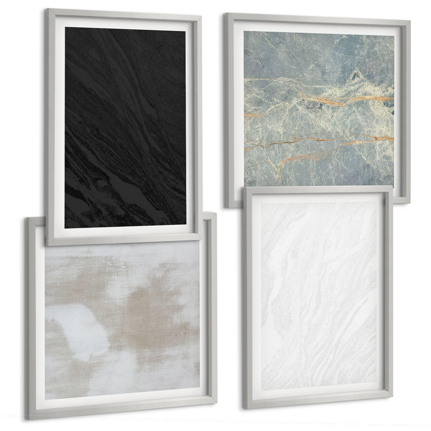 BILDER SET 4er Set - 50x50 cm & 40x60 cm Silberner Rahmen - Steintexturen - Silberfarben, Kunststoff (50/50cm) - TULUP