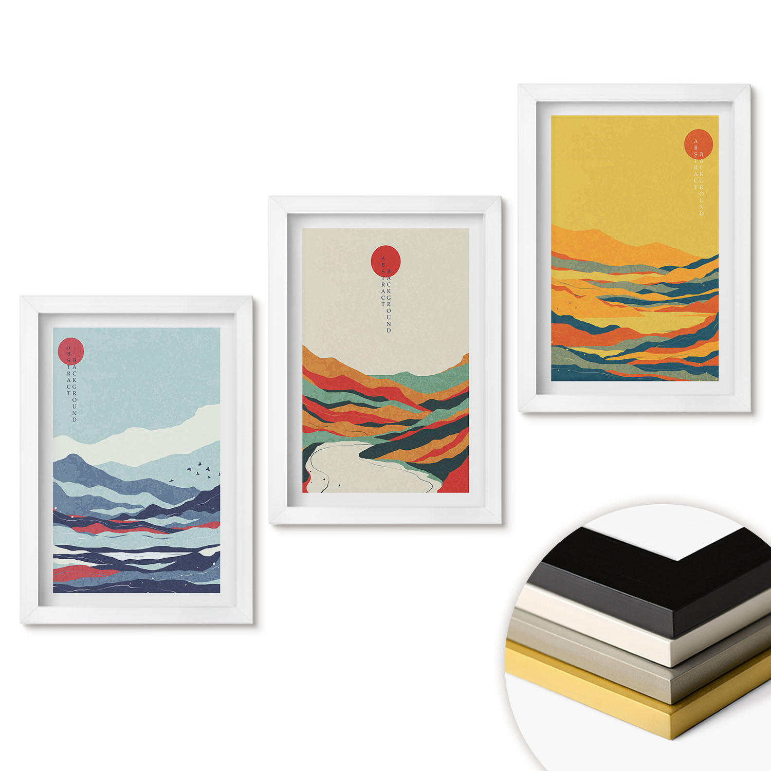 WANDBILDER 3er-Set - 20x30 cm Weißer Rahmen - Abstraktion von farbenfrohen Bergen und Flüssen - Weiß, Kunststoff (20/30cm) - ArtPrintCave