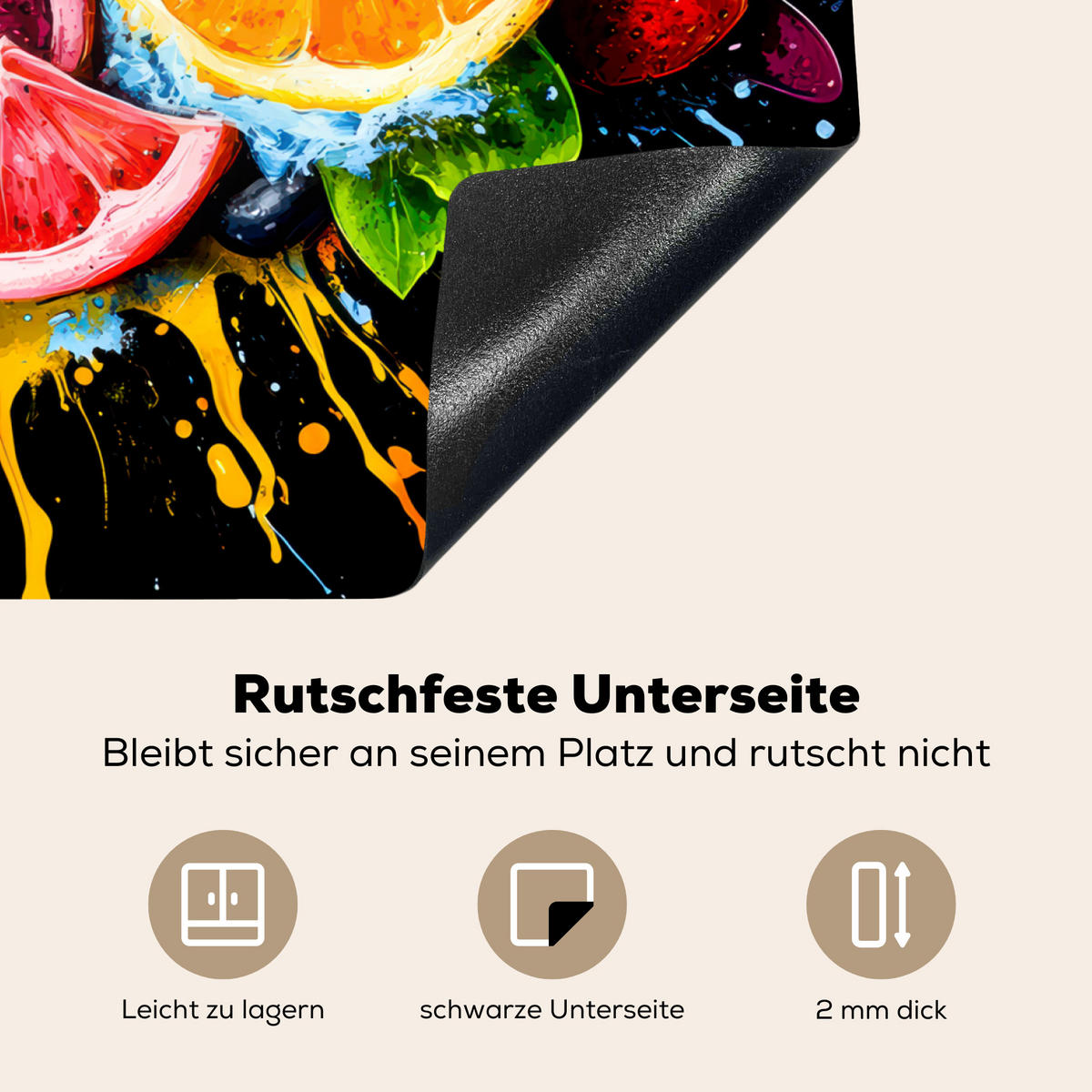 HERDABDECKPLATTE Obst - Graffiti - Bunt - Orange - Erdbeere - Abstrakt 65x52 cm - Orange, Kunststoff (65/52/0.2cm) - MuchoWow