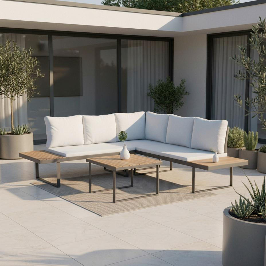LOUNGEGARNITUR Elia Hellgrau Outdoorstoff/Metall/Holz - Hellgrau, Holz - Bessagi Garden