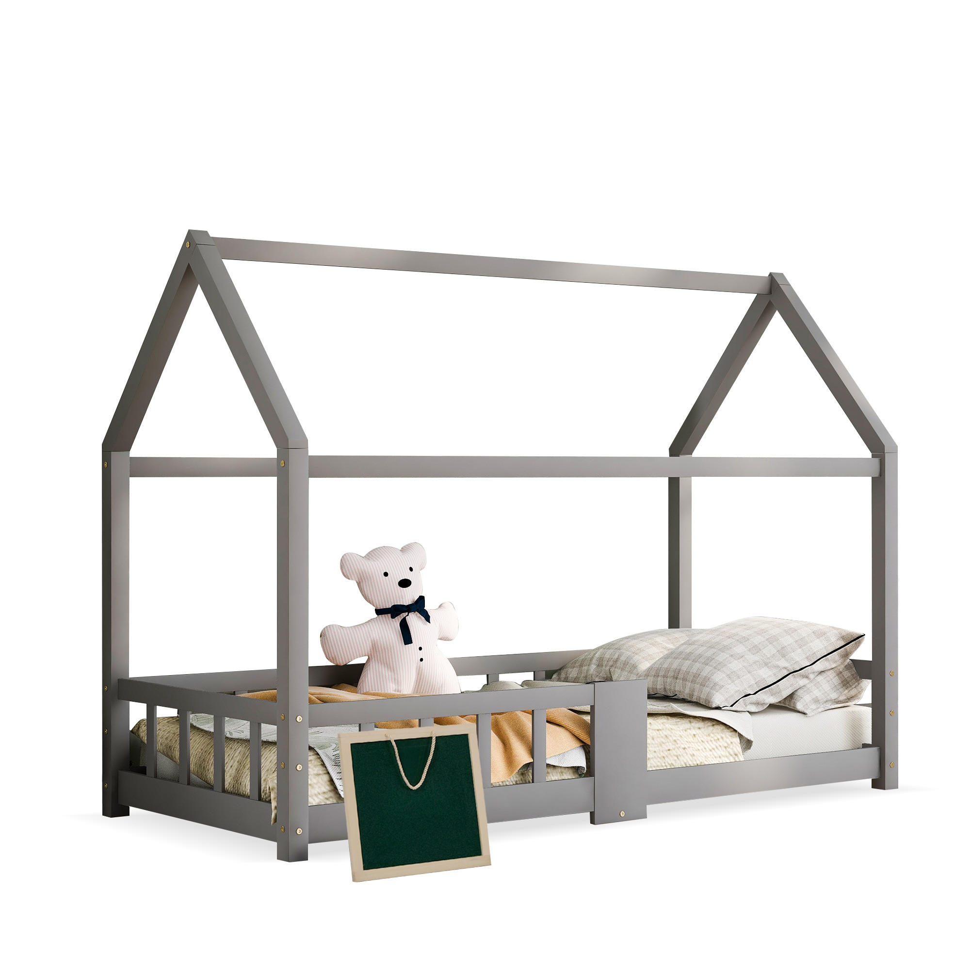 HAUSBETT 90/200 cm Grau aus Kiefer Massivholz mit Tafel und Rausfallschutz - Grau, Holzwerkstoff (90/200cm) - OKWISH