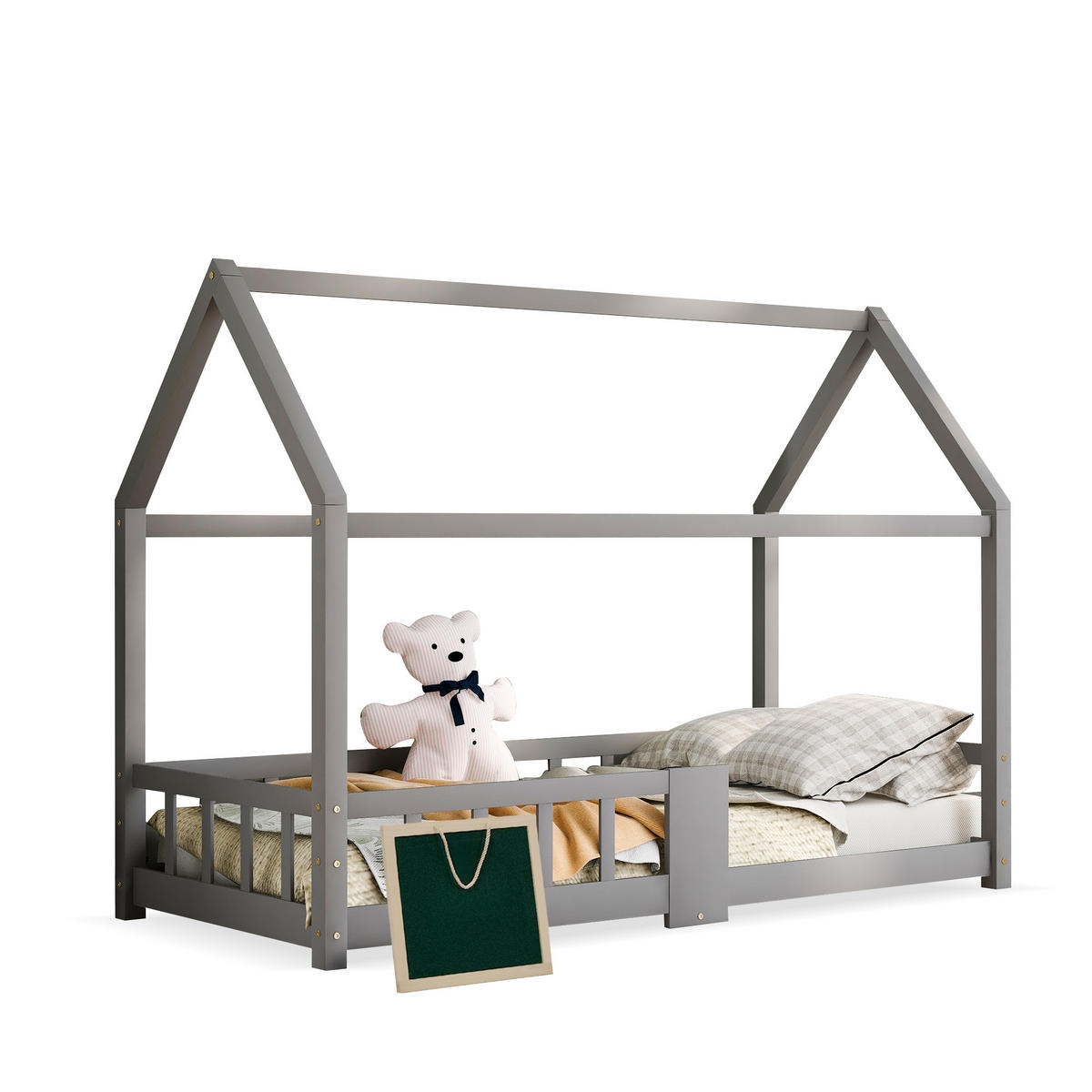 HAUSBETT 90/200 cm Grau aus Kiefer Massivholz mit Tafel und Rausfallschutz - Grau, Holzwerkstoff (90/200cm) - OKWISH