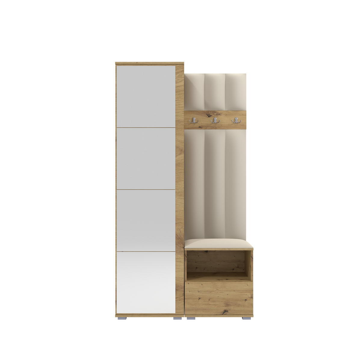 GEPOLSTERT Garderoben-Set Nela I LUX (Spiegel – Farbe Eiche Artisan + Stoff Trinity 01) - Silberfarben/Creme, Holz/Holzwerkstoff (100/187/40cm) - Ravio