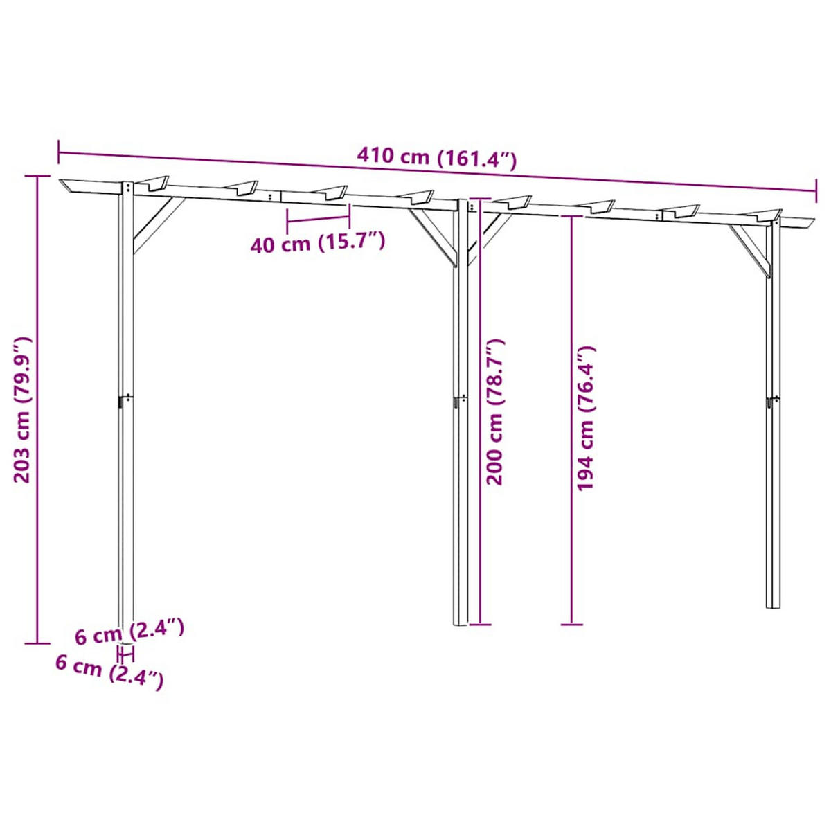 PERGOLA mit 3 Pfosten, 41/40/203 cm, aus Holz - Braun, Holz (410/205/40cm) - vidaXL