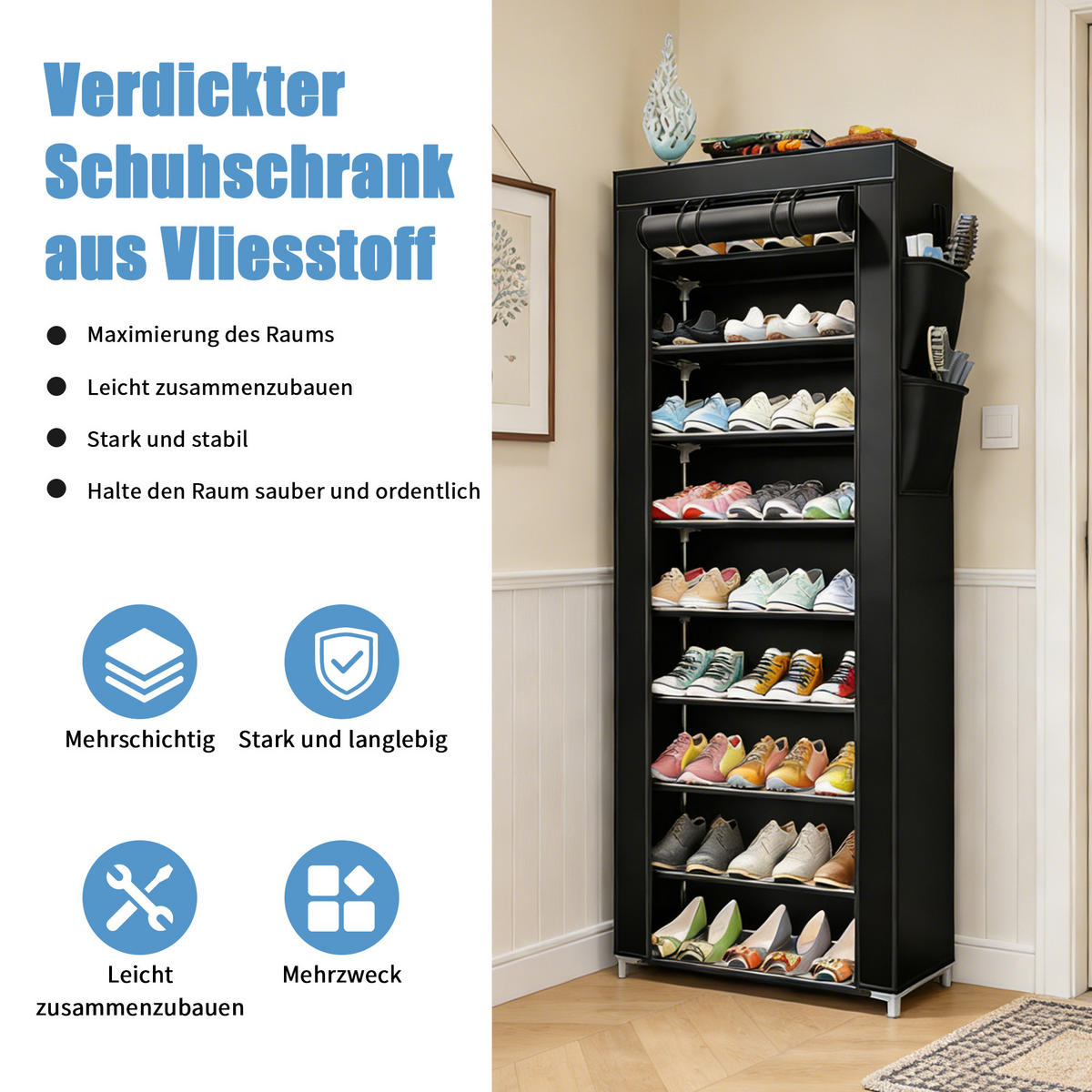 SCHUHSCHRANK faltbar, 10 Ebenen, 3 Boxen, 2 Schubladen, ideal für kleine Räume - Schwarz, Textil (50/158/30cm) - EuroLiving