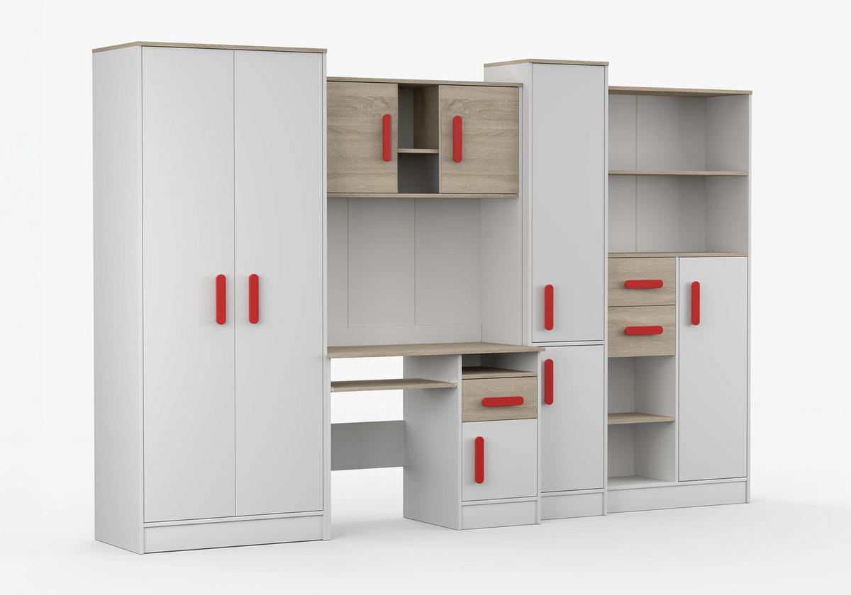JUGENDZIMMER Wohnwand Colorino in Weiß und Eiche Sonoma – mit roten Griffen 5 teilig - Kinderzimmer Komplett - Weiß, Holzwerkstoff (80/200/120cm)