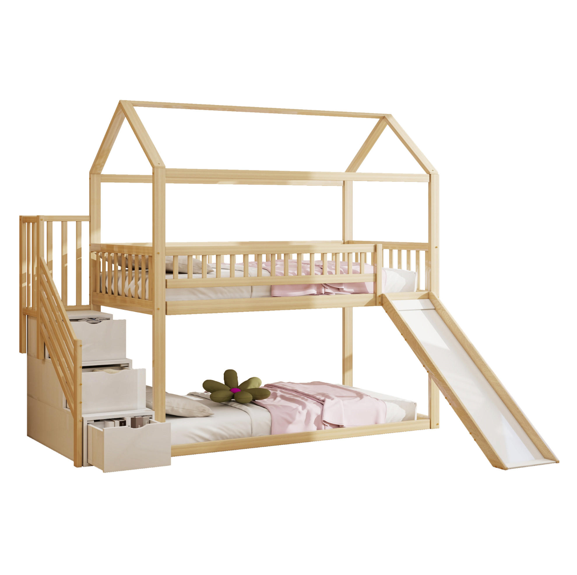 VYSOKÁ posteľ 90/200 cm prírodná farba dreva z dreva s šmykľavkou a úložným rebríkom - biela, drevo (90/200cm) - OKWISH