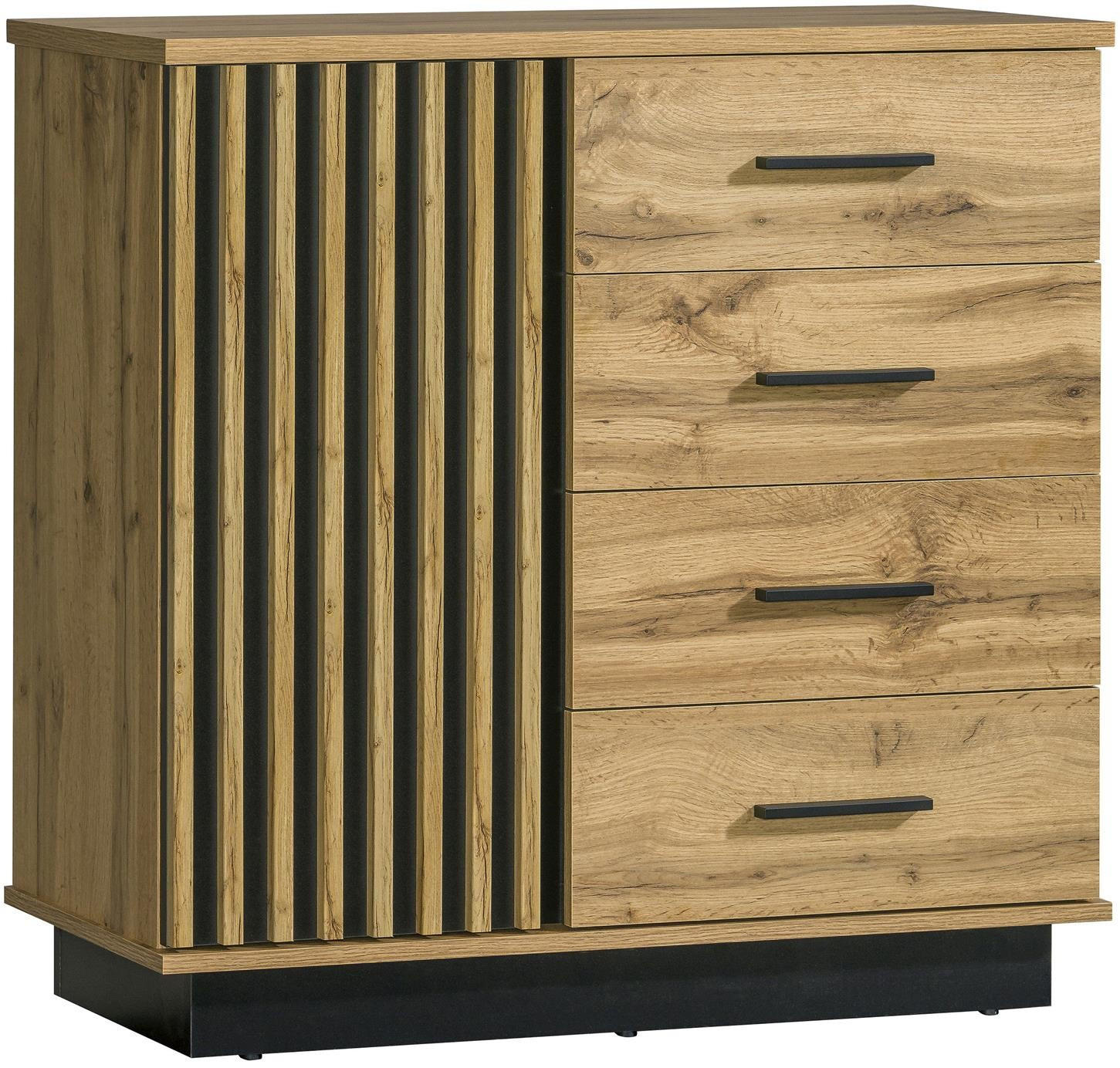 KOMMODE Lamelo Wotan eiche, Kombikommode mit Schubladen - Schwarz/Braun, Holzwerkstoff (90/88/40cm) - Bettso
