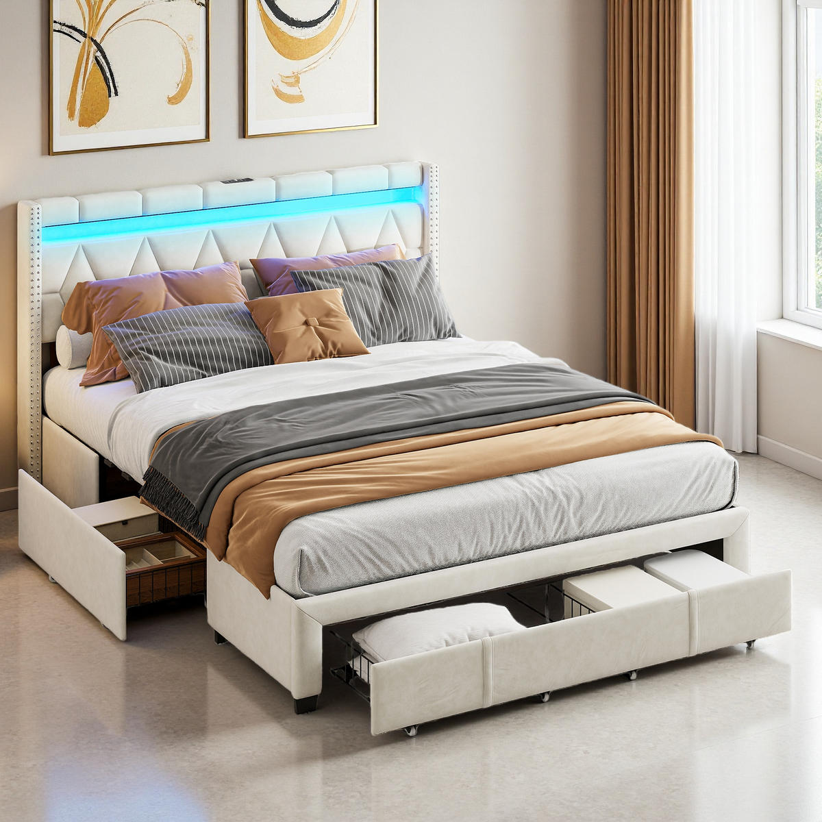 POLSTERBETT 160/200 cm Beige mit Schubladen und USB-Anschlüssen - Beige, Holz (160/200cm) - SHOPENTRA