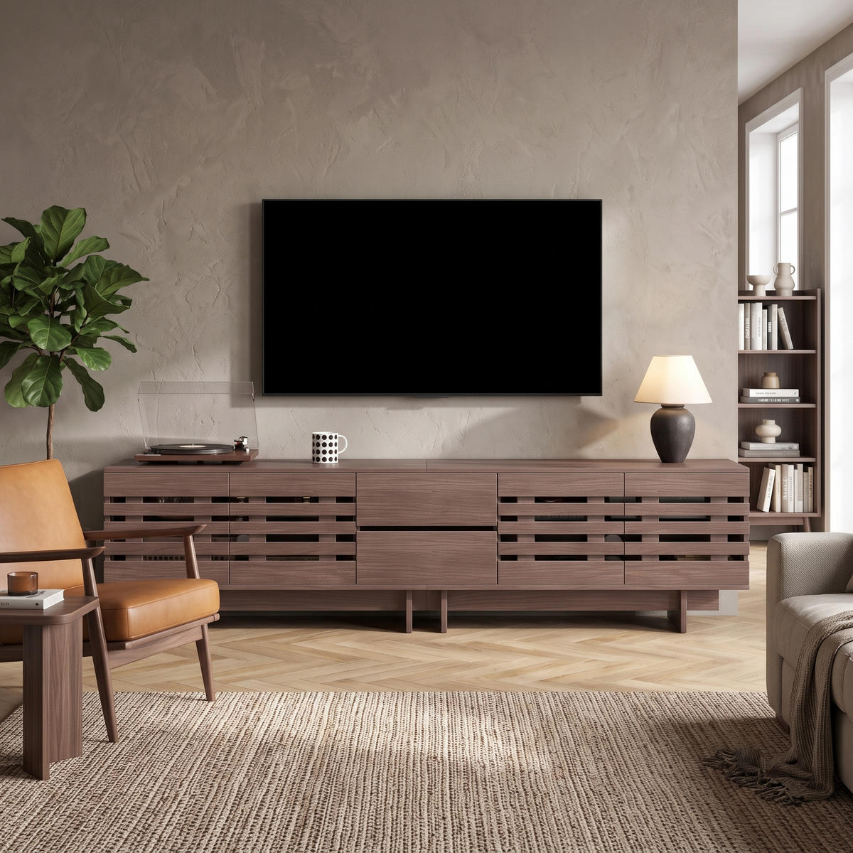 TV-LOWBOARD Walnuss Holzoptik 200cm für 80 Zoll TV mit 4 Türen & 2 Schubladen - Walnussfarben, Holzwerkstoff (200/55/39.5cm) - Urban Meuble
