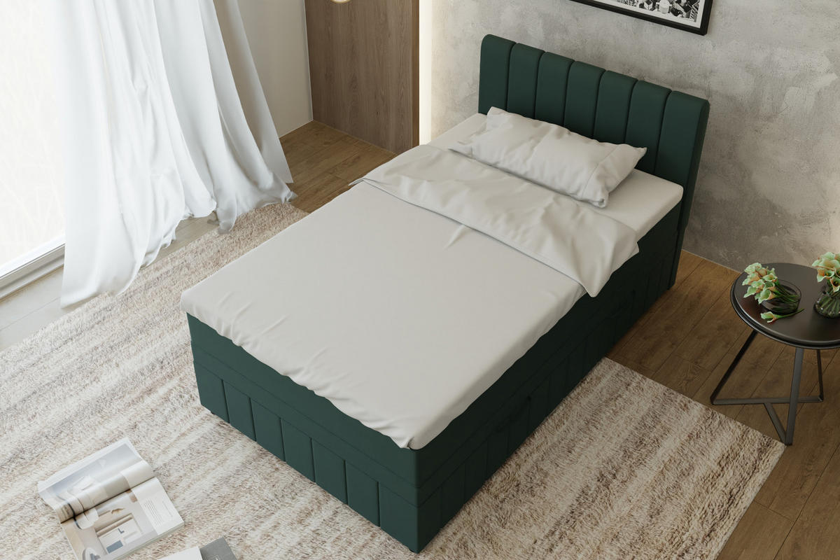 BOXBETT AVALON 120 x 200 cm mit Bettkasten und Topper - Dunkelgrün - Dunkelgrün, Holz - Panda Möbel