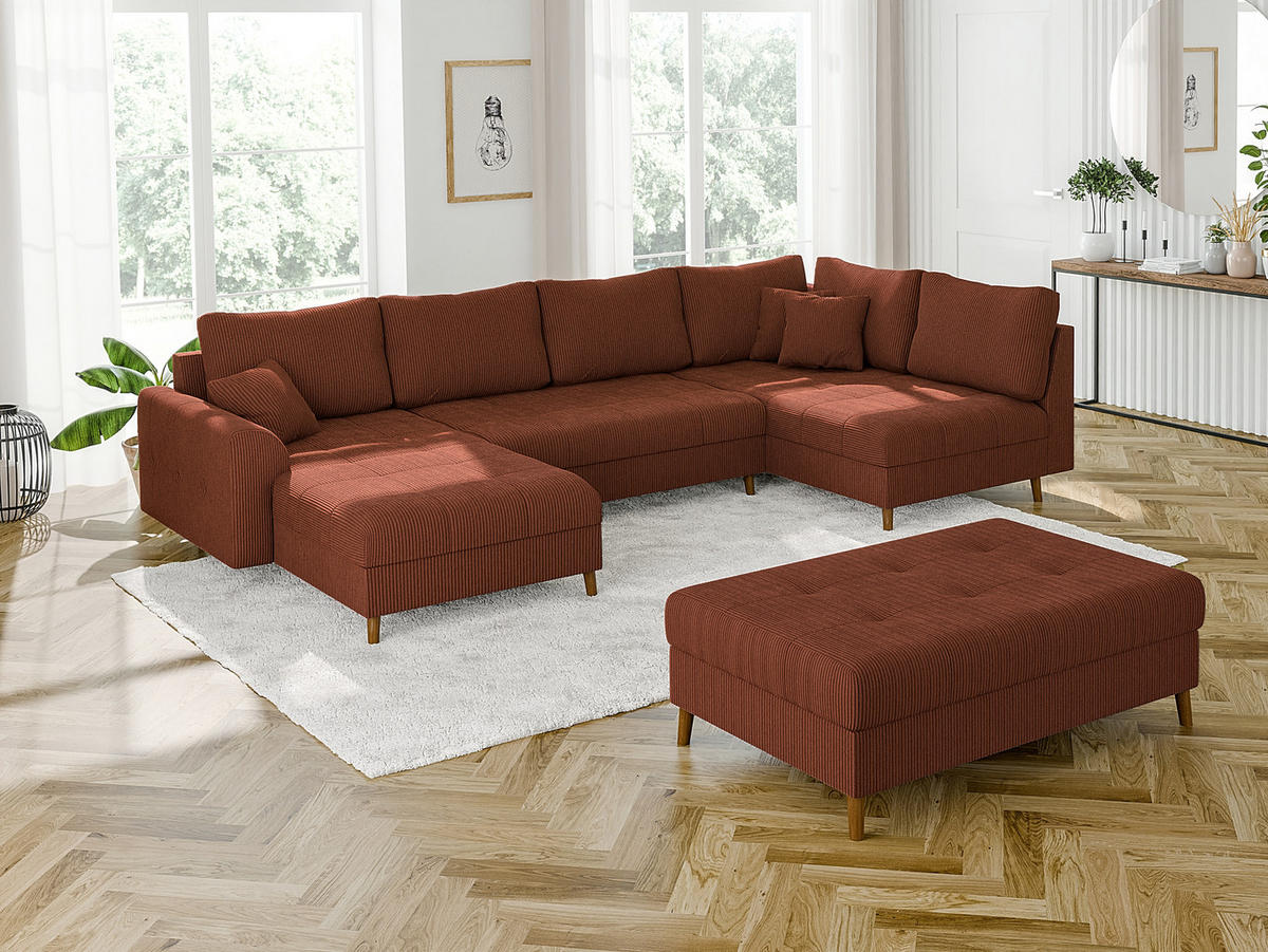WOHNLANDSCHAFT inkl. Hocker Alma Terrakotta Cord - Terra cotta/Braun, Holz/Textil (310/81/161cm) - S-Style Möbel