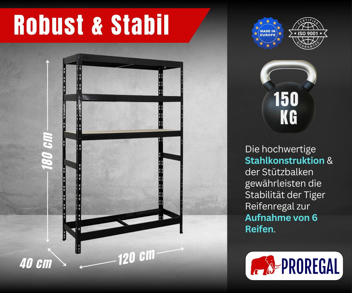 REIFENREGAL Tiger 180x120x40 cm bis zu 6 Reifen auf 1 Ebene + 3 Ablagen Schwarz - Schwarz, Metall (120/180/40cm) - PROREGAL