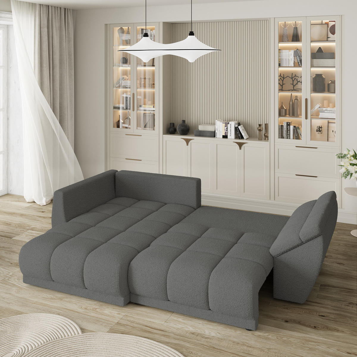 ECKSOFA ORENTI L-S Grau Boucle-Stoff mit Schlaffunktion - Grau, Holz (287/182cm) - MASSENO