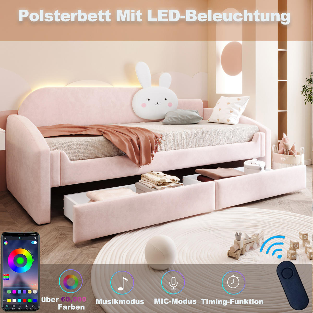 POLSTERBETT 90/200 cm aus Samt mit LED-Beleuchtung, Rosa - Pink, Textil (90/200cm) - OKMYHOME