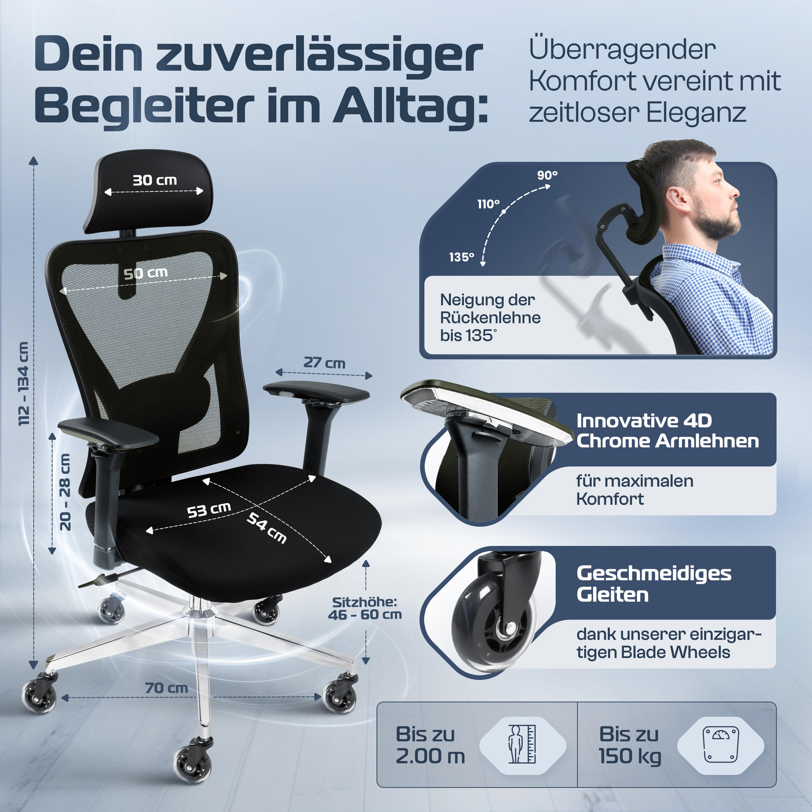 BÜROSTUHL CleverSeat Schwarz - Silberfarben/Schwarz, Kunststoff/Textil (70/134/70cm) - Clouvou