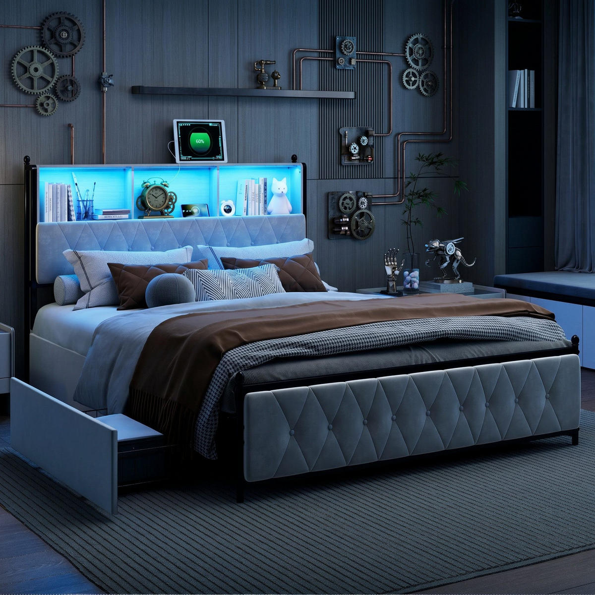 BETT 180x200cm beige samt led usb typ-c unterbettstauraum - Beige, Metall - SHOPENTRA