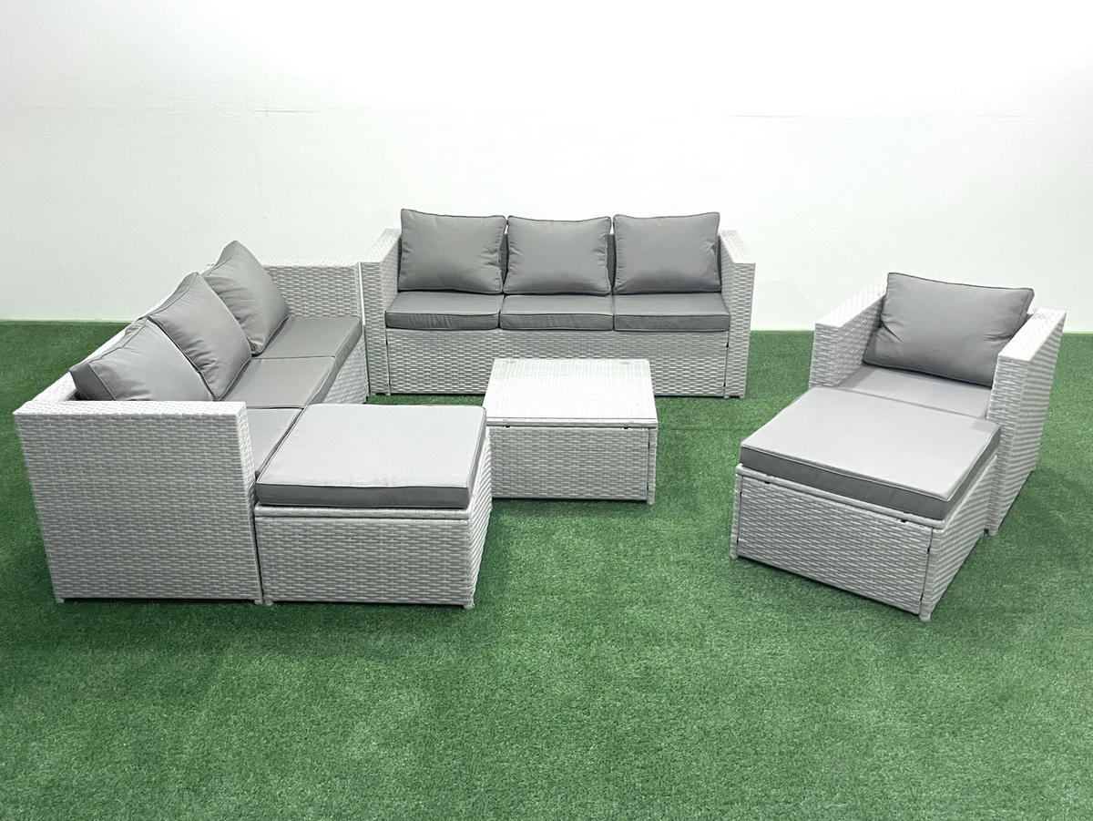 GARTENMÖBEL-SET mit Kissen Polyrattan Hellgrau-Mix 9-Sitzer - Hellgrau/Grau, Glas/Kunststoff - Fimous