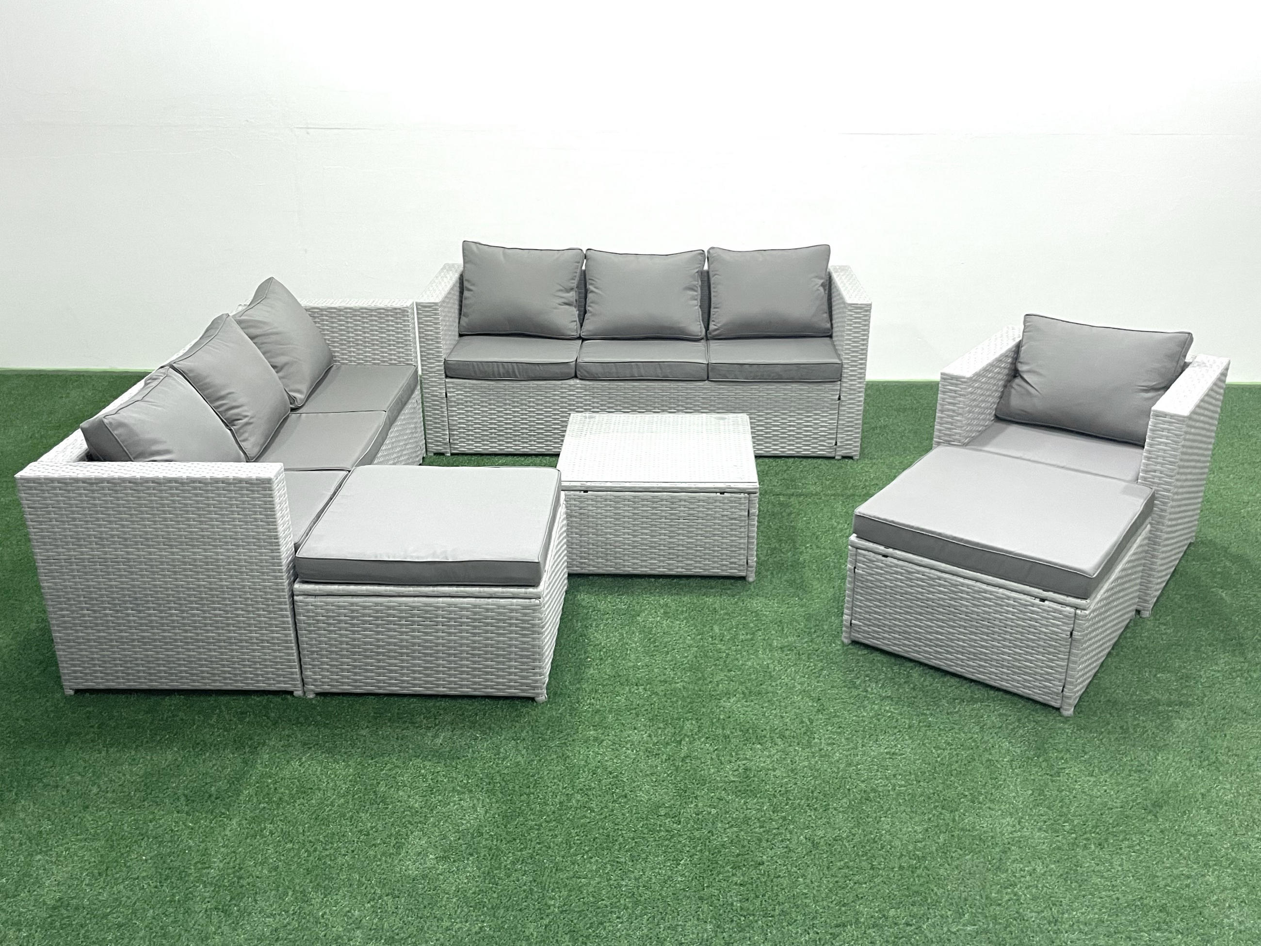 Thumbnail - Fimous Gartenmöbel-Set, Hellgrau, Metall, Kunststoff, Glas, 9-Sitzer, Füllung: Schaumstoff, quadratisch, Loungemöbel, Lo...