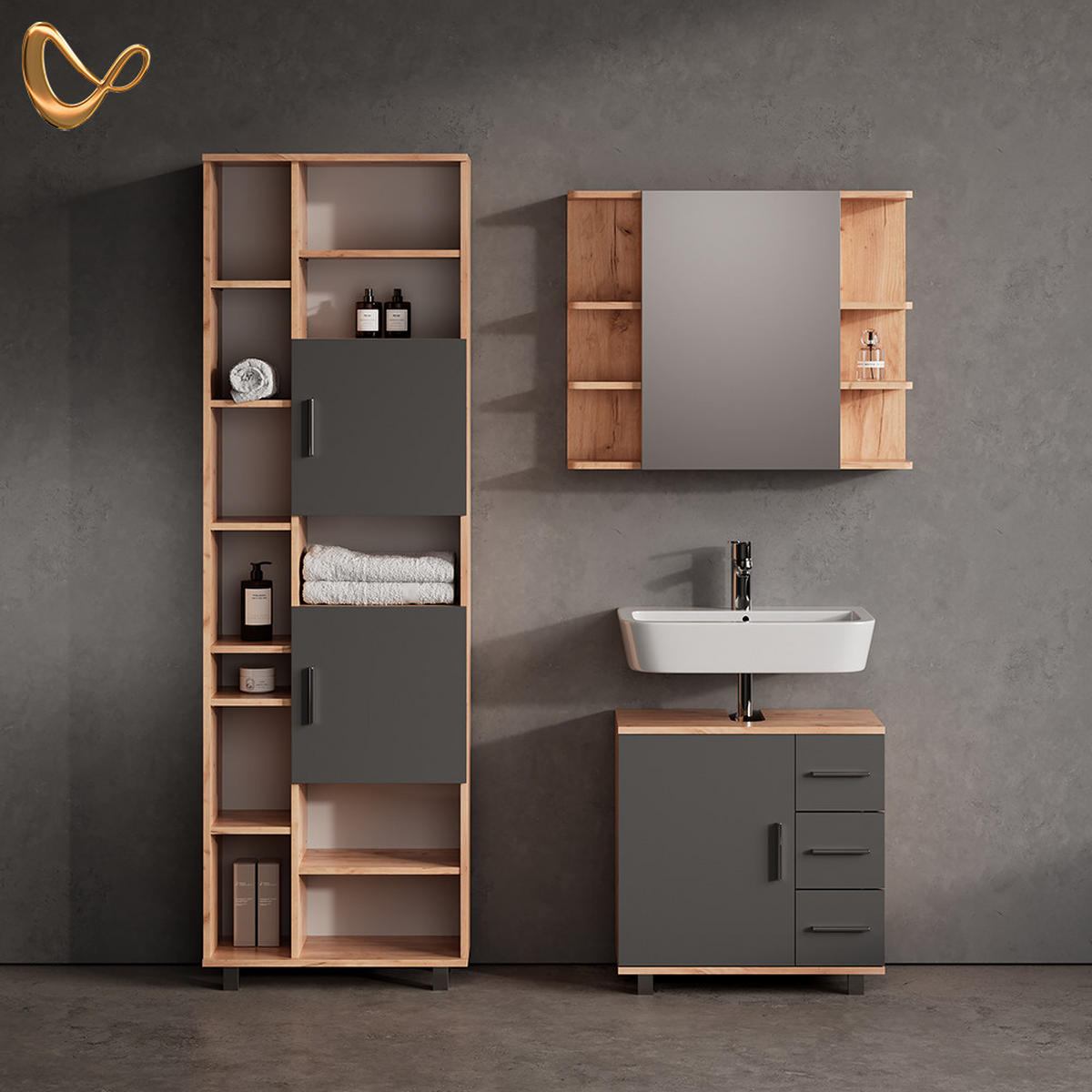 BADMÖBEL-SET Eisak Eiche 3 Teile, mit Unterschrank 60 cm - Eichefarben/Anthrazit, Holzwerkstoff (60/60/33cm) - Livinity®