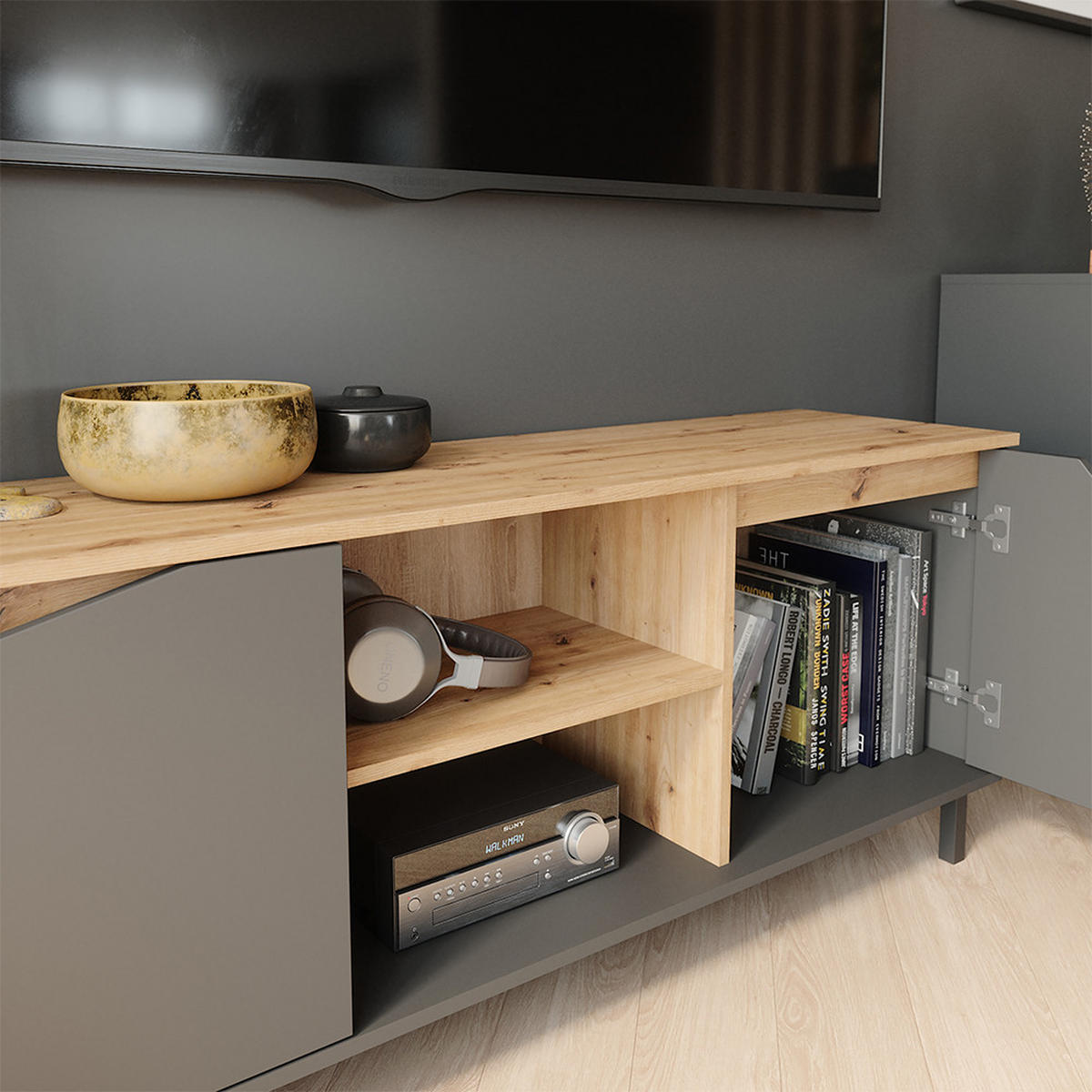 NÍZKÝ NÁBYTEK POD TELEVIZI Marelle Antracit/Artisan - světle šedá/antracitová, kompozitní dřevo (150/60/38cm) - Vicco