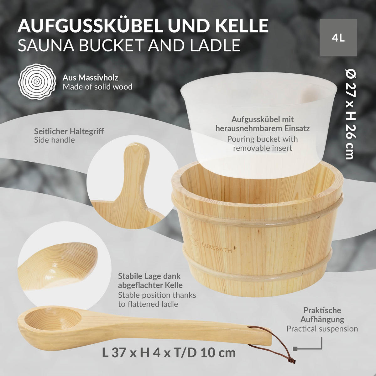 SADA SAUNOVÉHO PŘÍSLUŠENSTVÍ z borového dřeva s nádobou na nalévání vody a naběračkou - přírodní, dřevo (27/26/27cm) - LuxeBath