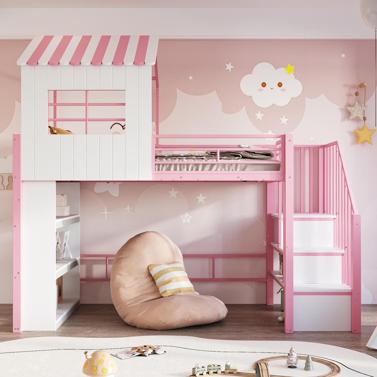 HOCHBETT 90/200 cm rosa/weiß aus Metall und MDF mit Treppe und Regal - Rosa, Metall (90/200cm) - OKWISH
