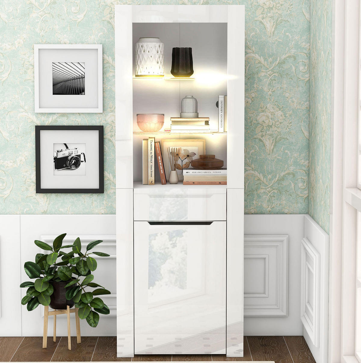 VITRINE 60/35,5/165 cm mit App-LED-Beleuchtung, 1 Schublade und 2 Regalen aus Spanplatte, Weiß - Weiß, Holzwerkstoff (60/165/35.5cm) - Redom