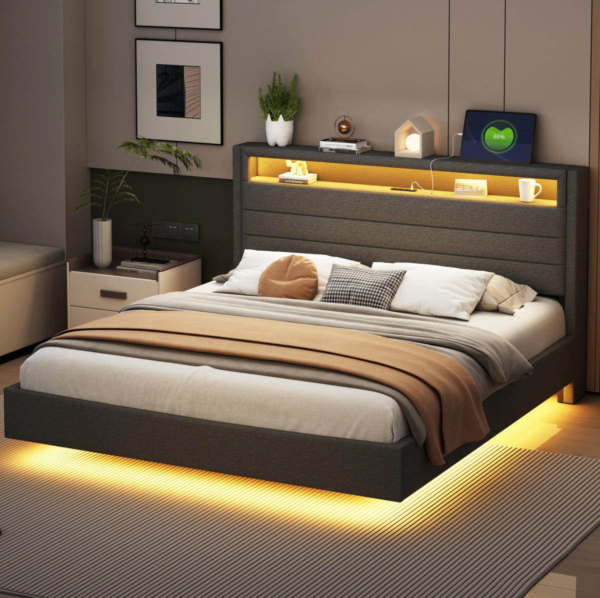 POLSTERBETT mit USB und LED 160x200 cm Leinen Grau - Grau, Metall (160/200cm) - Meubliv