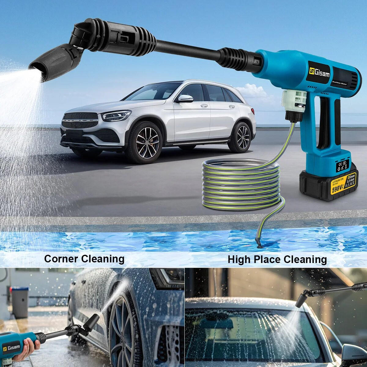 AKKU-HOCHDRUCKREINIGER – 250 Bar, bürstenlos, 4 Leistungsstufen, für Auto & Garten, Makita 18 V kompatibel - Blau, Metall (5/8/30cm) - Coonoor