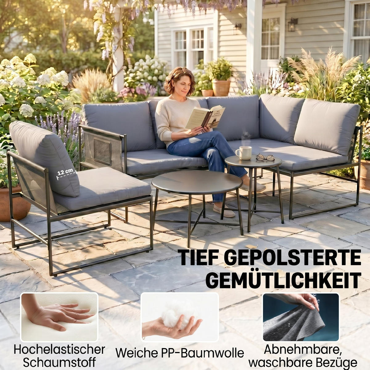 SADA zahradního nábytku, 5dílná sada, ocel, polyester, tmavě šedá - černá/tmavě šedá, kov/textil - Outsunny