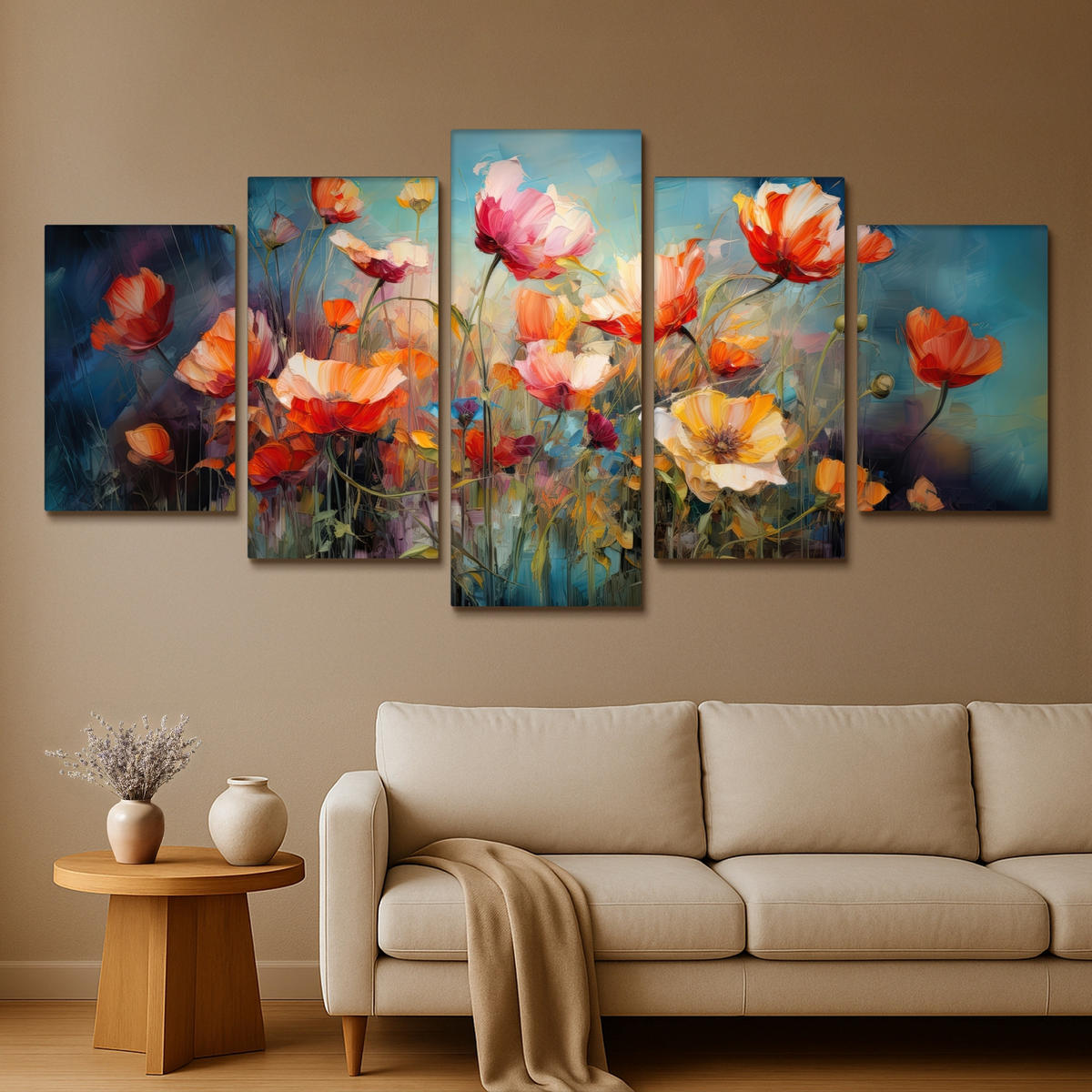 LEINWANDBILD 5er Set Blumen - Bunt - Abstrakt 200x100 cm - Blaugrau, Textil (200/100cm) - MuchoWow