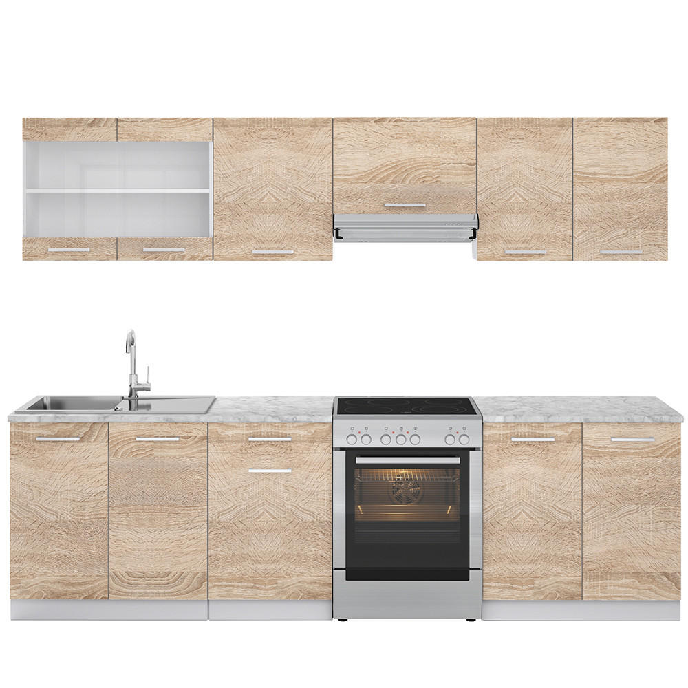 KÜCHENZEILE Raul Sonoma 270 cm, AP Marmor - Weiß/Sonoma Eiche, Holzwerkstoff (270/81.6/60cm) - Vicco